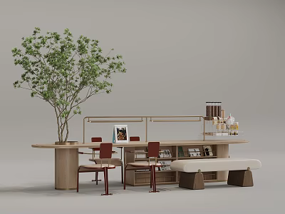 Modern Indoor Table and Chair Set with Tree Shelf Red Chairs and Decorations 3d model