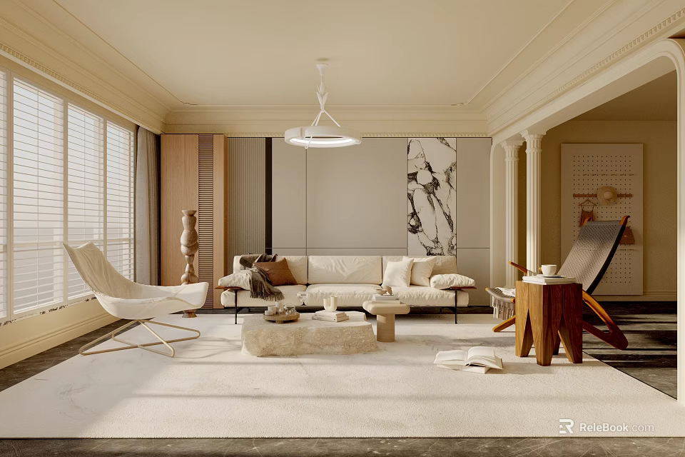 Minimalist Living Room Interior With Beige Sofa Floor-to-Ceiling Windows Pendant Light And Wooden Coffee Table 3d model 