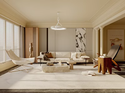 Minimalist Living Room Interior With Beige Sofa Floor-to-Ceiling Windows Pendant Light And Wooden Coffee Table 3d model