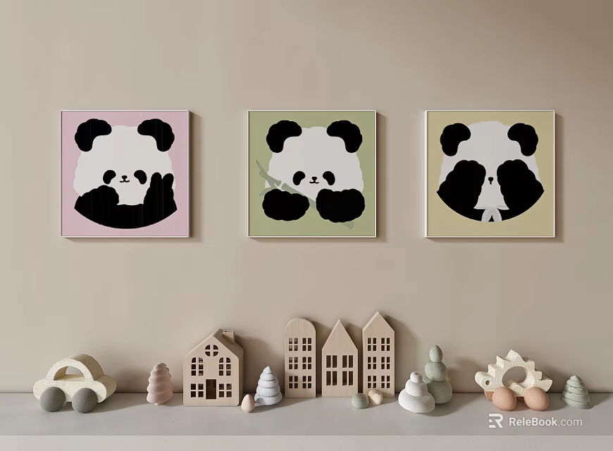 Three Framed Panda Paintings With Pink Green And Beige Backgrounds For Wall Decor 3d model 