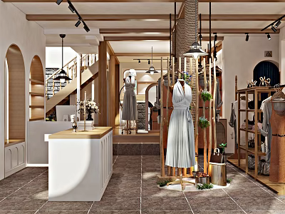 Modern Clothing Store Interior With Mannequins In Dresses And Wooden Display Racks 3d model