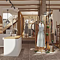 Modern Clothing Store Interior With Mannequins In Dresses And Wooden Display Racks