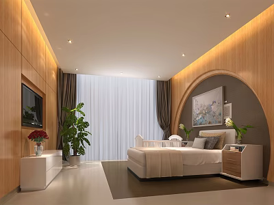 Modern Bedroom Interior With Wooden Walls Curved Design Curtains Green Plants And Artwork 3d model