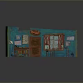 Miniature Room Model With Teal Walls Red Curtains Table Chair Bookshelf Blue Mat And Posters