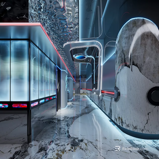 Modern Futuristic KTV Interior Design With Neon Lights Glass Partitions And Sleek Flooring 3d model 