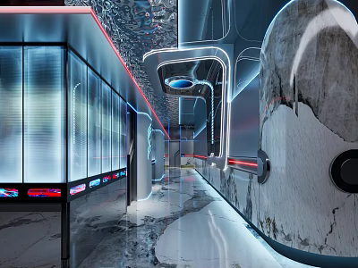 Modern Futuristic KTV Interior Design With Neon Lights Glass Partitions And Sleek Flooring 3d model