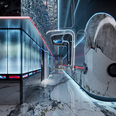 Modern Futuristic KTV Interior Design With Neon Lights Glass Partitions And Sleek Flooring 3d model