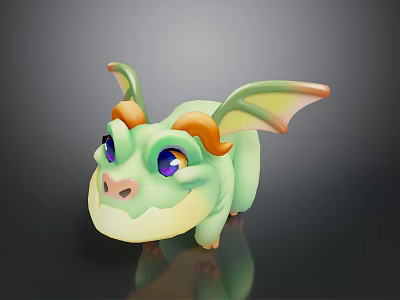 Cute Green Dragon Game Movie Character with Purple Eyes Orange Horns and Colorful Wings 3d model