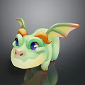 Cute Green Dragon Game Movie Character with Purple Eyes Orange Horns and Colorful Wings