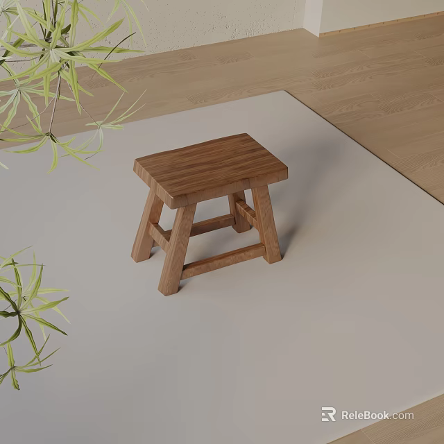 Wooden Side Table With Simple Design On Light Carpet Wooden Floor And Green Plant Leaves 3d model 