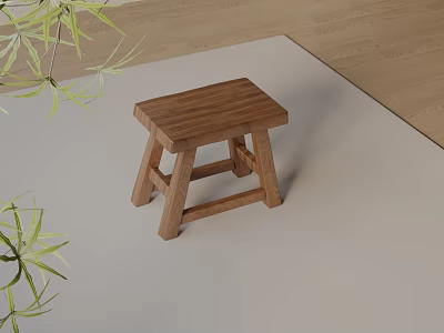 Wooden Side Table With Simple Design On Light Carpet Wooden Floor And Green Plant Leaves 3d model