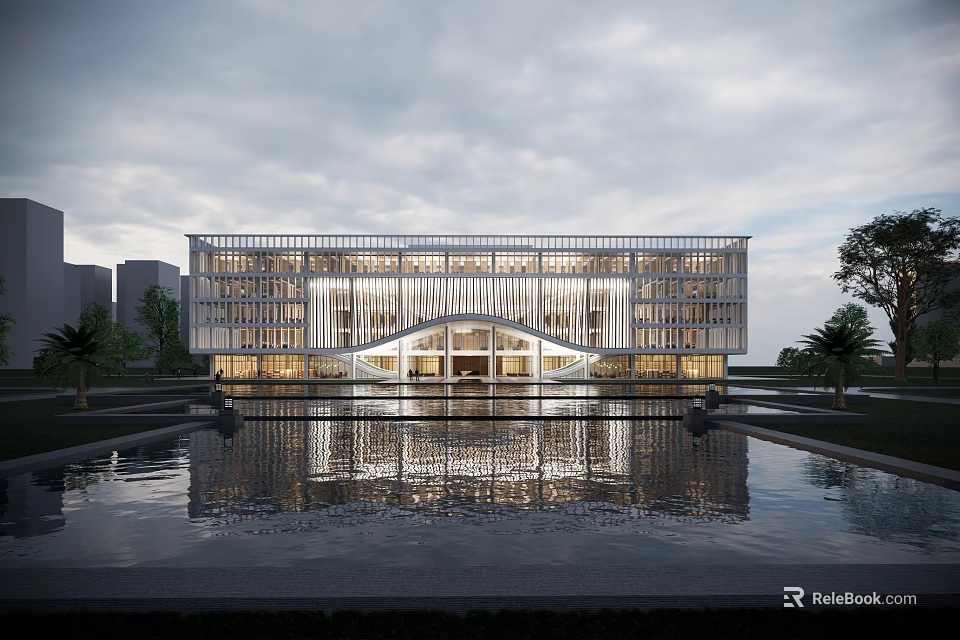 Modern Architectural Building With Glass Curtain Wall And Water Pool Reflection In Evening Sky 3d model 