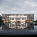 Modern Architectural Building With Glass Curtain Wall And Water Pool Reflection In Evening Sky