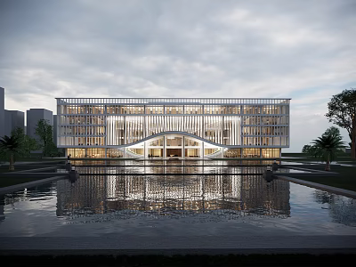 Modern Architectural Building With Glass Curtain Wall And Water Pool Reflection In Evening Sky 3d model