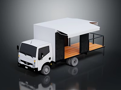 Converted White Truck With Open Platform Wooden Floor Black Railings And Retractable White Canopy 3d model