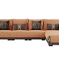 Orange and Dark Brown Sectional Sofa With Leopard Print Details And Patterned Pillows 3d model