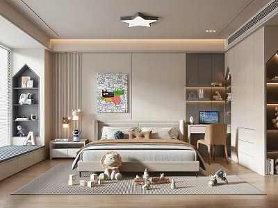 Kids Room Interior With Star Shaped Ceiling Light Colorful Painting Bed Pillows Bookshelves And Toys 3d model