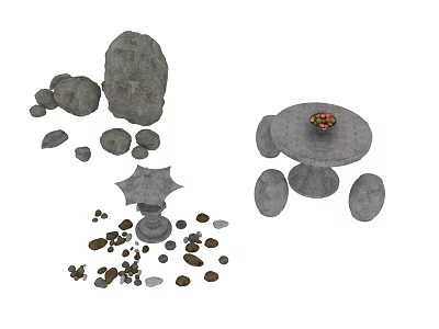 Stone and Wood Furniture Collection Featuring Round Table Chairs and Decorative Stones 3d model