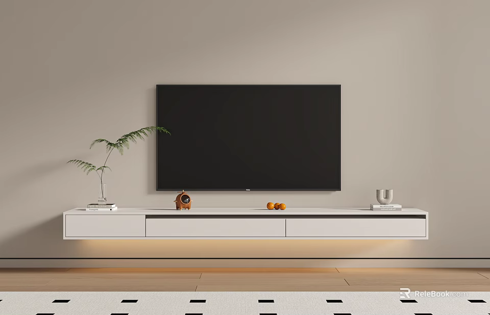 Modern White Wall Mounted TV Stand With TV Decorations And Green Plant 3d model 