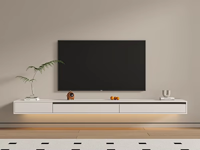 Modern White Wall Mounted TV Stand With TV Decorations And Green Plant 3d model
