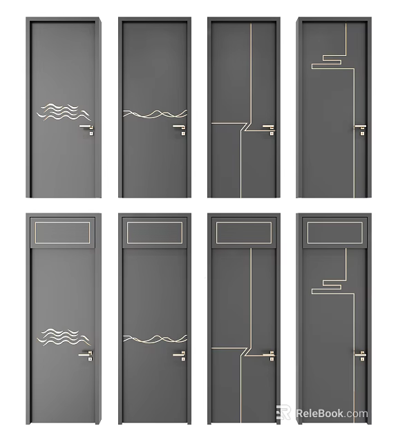 Modern Gray Hinged Doors With Gold Line Decorations And Various Designs 3d model