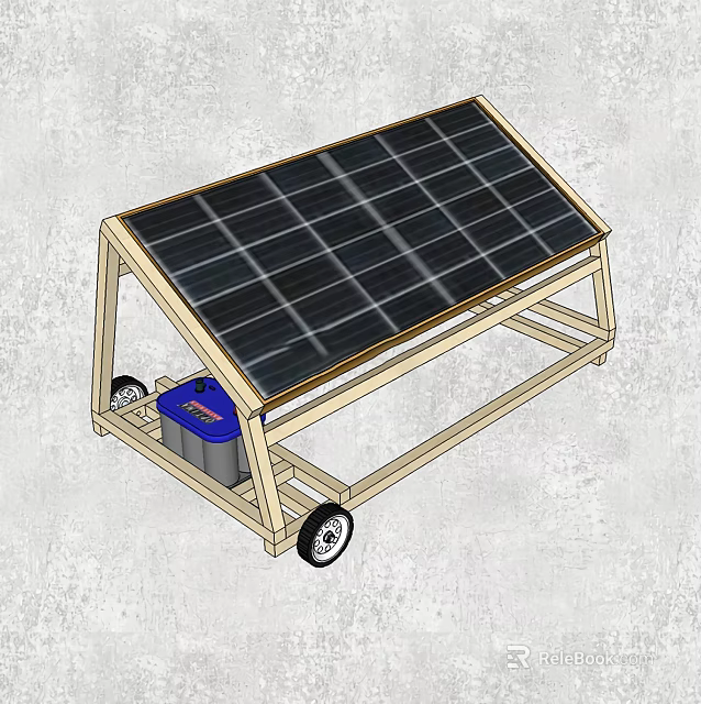 Portable Solar Panel System With Wheels Battery And Wooden Frame Structure 3d model