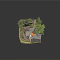 Whimsical Cartoon Scenic Model With Small Houses Tall Trees Wooden Gazebo And Winding Pathways