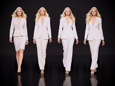 Group of Women Modeling White Suits Walking on Black Background 3d model