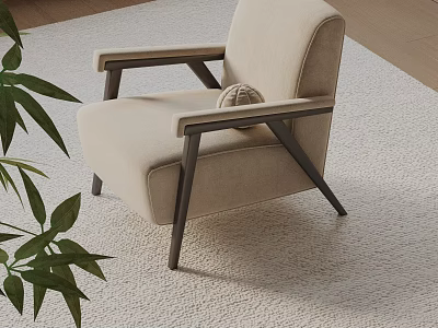 Modern Beige Fabric Accent Chair With Black Metal Legs On Light Rug And Green Plant 3d model
