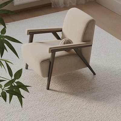 Modern Beige Fabric Accent Chair With Black Metal Legs On Light Rug And Green Plant 3d model