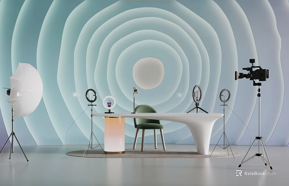 Commercial Equipment Setup With Wave Pattern Wall White Table Ring Lights Microphone Display And Camera 3d model 