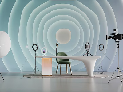 Commercial Equipment Setup With Wave Pattern Wall White Table Ring Lights Microphone Display And Camera 3d model
