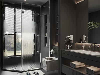 Dark Toned Bathroom With Glass Shower Vanity Rolled Towels And Plant 3d model