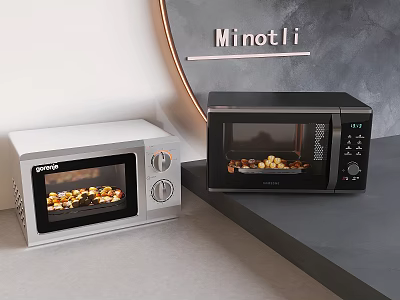 Minotli Silver And Black Microwave Ovens With Food In Modern Kitchen 3d model