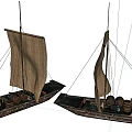 Two Vintage Wooden Boat Models With Sails Barrels And Cargo Sacks