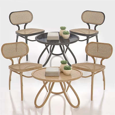 Round Outdoor Tables With Rattan Chairs Books And Small Potted Plants Black And Light Wood 3d model