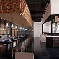 Modern Restaurant Interior With Tables Chairs Hanging Lights Wooden Structures Open Layout Dark Floor Tiles