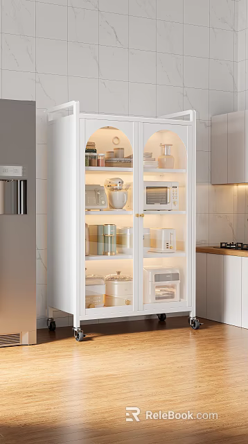 Modern Kitchen Kitchenware Storage In White Glass Door Cabinet With Lighted Interior Microwave Coffee Maker 3d model 