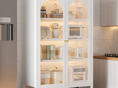 Modern Kitchen Kitchenware Storage In White Glass Door Cabinet With Lighted Interior Microwave Coffee Maker 3d model