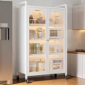 Modern Kitchen Kitchenware Storage In White Glass Door Cabinet With Lighted Interior Microwave Coffee Maker