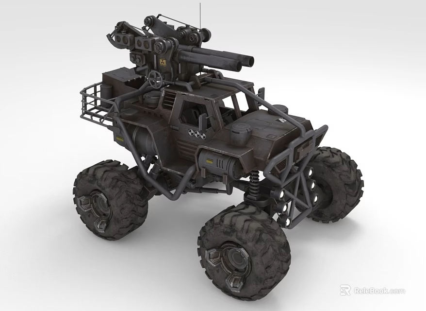Rugged Off Road Vehicle With Large Tires And Roof Mounted Mechanical Equipment 3d model 