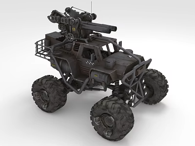 Rugged Off Road Vehicle With Large Tires And Roof Mounted Mechanical Equipment 3d model