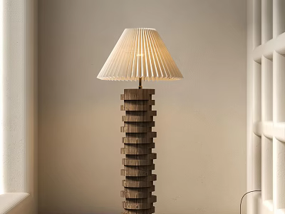 Modern Floor Lamp With Pleated Lampshade And Stacked Wooden Rings In Neutral Interior 3d model