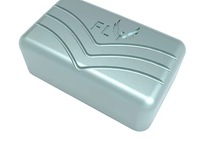 Sleek Silver Rectangular Object With Wavy Surface Design And FLY Logo 3d model