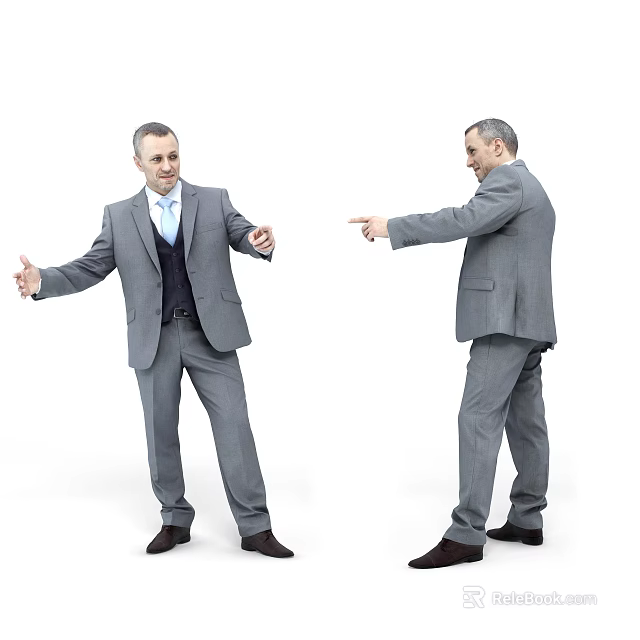 Businessman in Gray Suit Showing Two Different Poses Spreading Arms and Pointing 3d model 