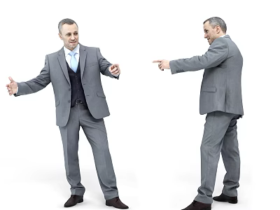 Businessman in Gray Suit Showing Two Different Poses Spreading Arms and Pointing 3d model