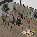 Art Supplies Display In Bright Room With Easels Paints Brushes Palettes And Plants