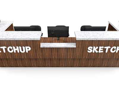 Modern Reception Desk with Wooden Front and White Countertop Featuring Black Computer and Sketchup Logo 3d model