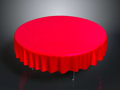 Round Dining Table With Red Tablecloth Pleated Edges And Metal Legs On Dark Background 3d model