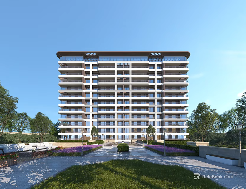 Modern High Rise Residential Building With Front Courtyard Greenery And Purple Flowers 3d model 
